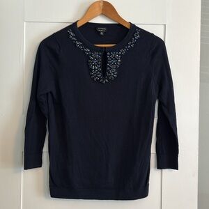 100% Merino Wool Lightweight Navy scoop neck Sweater Rhinestone beaded neckline
